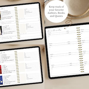 May include: Three digital planners with white backgrounds and black borders. The planners are open to show pages for tracking favorite authors, books, and quotes. The pages are divided into sections with headings for author, book title, chapter, and page number.