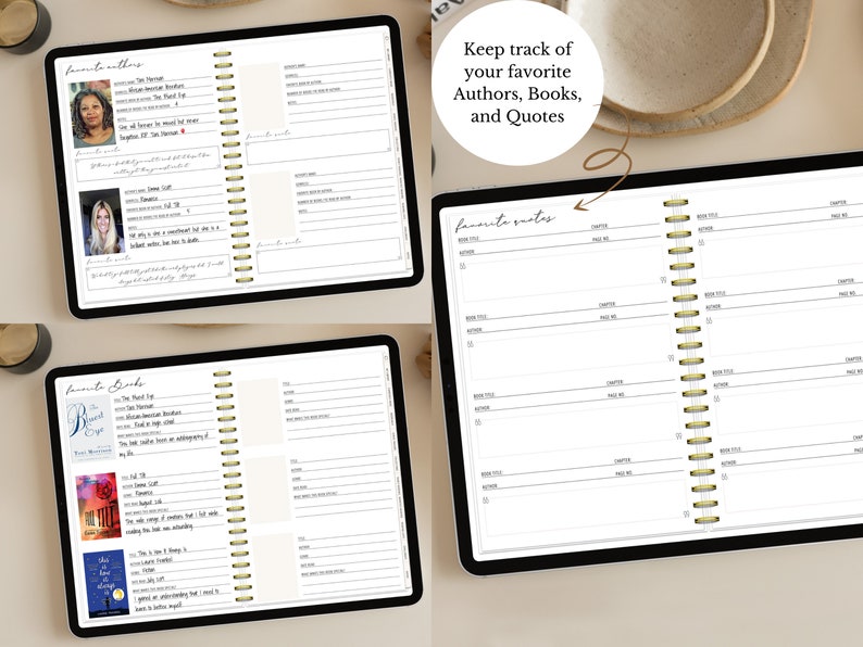 May include: Three digital planners with white backgrounds and black borders. The planners are open to show pages for tracking favorite authors, books, and quotes. The pages are divided into sections with headings for author, book title, chapter, and page number.