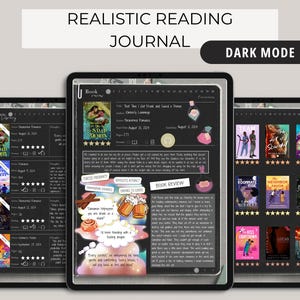 May include: A digital reading journal template with a dark mode interface. The template includes a book cover, book review section, and a list of other books read. The template is compatible with many PDF apps.
