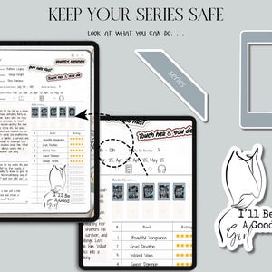 May include: A digital tablet displaying a book series overview, with the text "KEEP YOUR SERIES SAFE" and "I'll Be A Good Girl" stickers. The image includes a gray e-reader outline and a gray banner labeled "series".