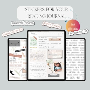 Peut inclure: Autocollants numériques pour un journal de lecture, avec le texte "STICKERS FOR YOUR READING JOURNAL." Comprend des autocollants avec des phrases comme "paranormal romance", "grumpy sunshine" et "childhood sweethearts". L'image montre également une tablette avec une page de livre.