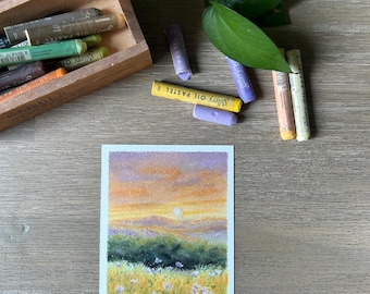 Postal original de paisaje al pastel al óleo, ilustración de un campo de flores al atardecer.