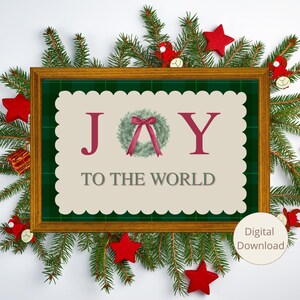 Joy to the World wall art, digital download, Christmas home decor, modern vintage, cottagecore Christmas artwork, dark green gingham