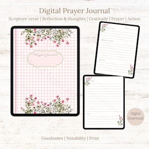 Christian Prayer Journal, instant download, pink gingham florals, digital journal, Goodnotes & Notability, prayer and gratitude journal