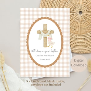 Personligt dopkort för flickor, digital nedladdning, tryck och klipp, vintage gingham och anka, anpassat namndopkort