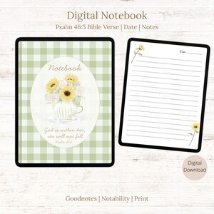 Digital notebook, God is within her she will not fall, gingham florals, pdf file, 50 lined pages, compatible with Goodnotes & Notability