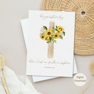 Cartão de batismo para download instantâneo, Efésios 4:5, cruz em aquarela com florais, download digital, cartão em branco, impressão, corte e dobra