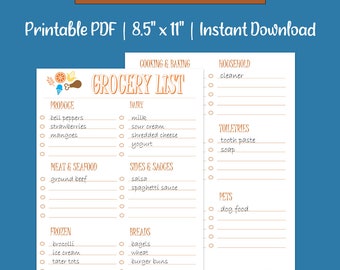 Peut inclure: Modèle de liste de courses imprimable au format PDF. La liste est divisée en catégories telles que les produits frais, les produits laitiers, la viande et les fruits de mer, les accompagnements et les sauces, les produits surgelés, les pains, les produits ménagers, les articles de toilette et les animaux de compagnie. Chaque catégorie comporte une liste de contrôle avec des lignes vierges pour écrire les articles.