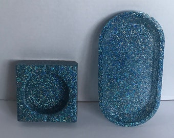 Blue Holographic Glitter Ashtray & Rolling Tray Set