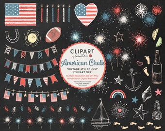 American Chalk Vintage 4th of July Clipart Set, USA Flag Printable, Independence Day Doodles, Fireworks Drawings, Toy Sailboat PNG Overlay