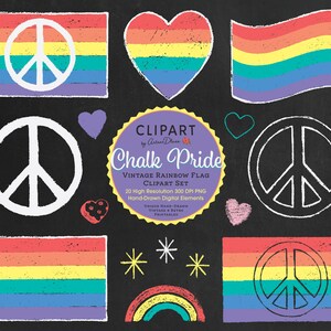 Chalk Pride Vintage Rainbow Flag Clipart Set, Gay Pride PNG, LGTBQ Printable, Coloured Chalk, Peace Sign Overlay, Chalk Doodles