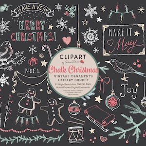 Chalk Christmas Doodles Clipart Set, Farmhouse Drawing, Nordic Bird, Rustic Cottage Decor, Hygge Printable, Christmas Lights PNG