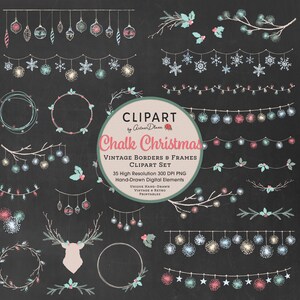 Chalk Christmas Borders Frames Clipart Set, Holiday Wreath, Hygge PNG Overlay, Cottage Drawing, Cute Farmhouse Decor, PNG Printable Bunting