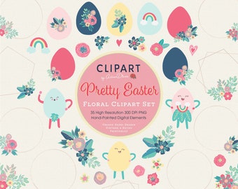 Pretty Easter Floral Clipart Set, Spring PNG, Flower Wreaths, Funny Easter Eggs Printable, Painted Flowers Overlay, Cute Kawaii Easter Egg
