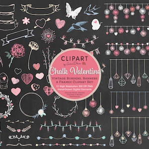 May include: Chalkboard clipart set with Valentine's Day themes. Includes borders, banners, frames, hearts, flowers, birds, lights, and more. 51 high-resolution 300 DPI PNG files.