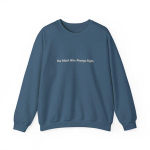 May include: A blue crew neck sweatshirt with the text "The Math Was Always Right" in white. The sweatshirt has long sleeves and a classic, casual design, suitable for everyday wear.
