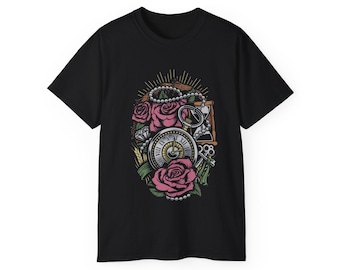 Camiseta gráfica con reloj vintage y rosas