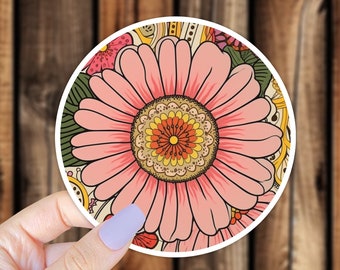 Pink Flower Pattern Round Waterproof Vinyl Sticker Beautiful Artistic Flower Spring or Summer Nature Decal for Phone Laptop or Water Bottle
