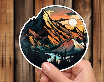 Colorful Mountain Sunset Vinyl Sticker Realistic Nature Scene Unique Wall Art Outdoor Rock Climbing Adventure Decal for Laptop Water Bottle