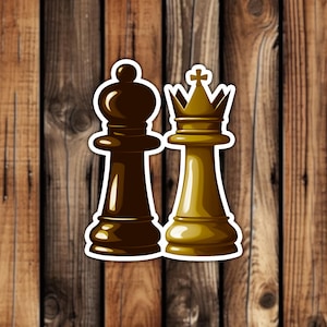 Gold Chess Game Pieces Vinyl Sticker Black and White King and Queen Stickers Traditional Aesthetic Decal for Laptop or Water Bottle