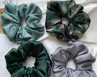 Green satin scrunchies | Large scrunchies | Satin scrunchie set  | Abstract satin scrunchie | Emerald scrunchie | Silky satin scrunchies |