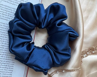 Navy Blue Satin Scrunchie: Handmade Silky Hair Tie
