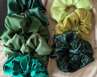 Handmade Satin Scrunchie Set, Large & Mini Hair Ties, Emerald satin scrunchies, Hair Accessories, Gifts for Her