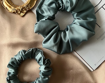 Dusty Blue Satin Scrunchies: Handmade Hair Accessories