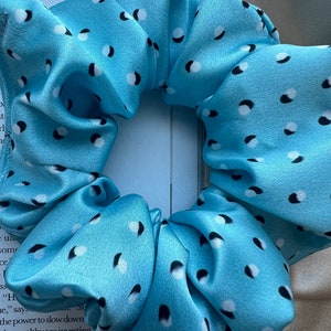 Large blue satin scrunchie, blue patterned scrunchie, hand made, silk satin scrunchie, gift for her, birthday gift