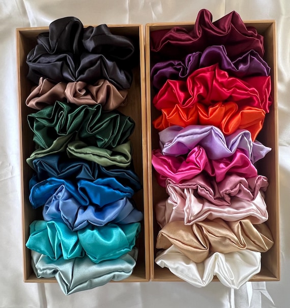 Satin Hair Scrunchies Set in Purple, Pink and Teal 4 Silk Hair Scrunchie Set - Pink, Purple, Teal, Light Blue main image 3