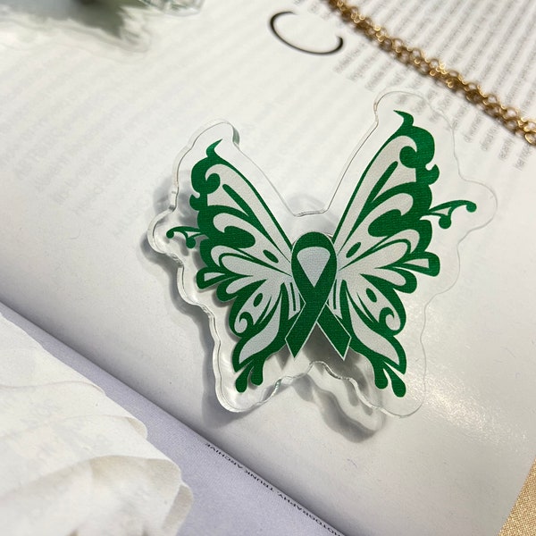 Spilla di consapevolezza della paralisi cerebrale / Farfalla CP / Spilla a nastro acrilico con frizione a farfalla / Spilla a nastro verde