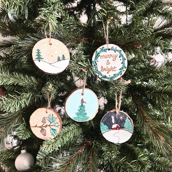 Wood Ornament Set Christmas Tree Ornaments Wood Ornaments Holiday Ornament Set Ornament Gifts Christmas Gift Ideas Handpainted Ornaments