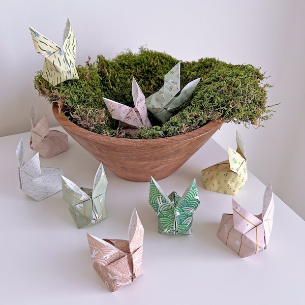 Decorative set with 10 origami Easter bunnies made from pretty patterned origami papers pre-folded