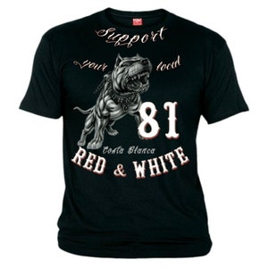 Könnte beinhalten: Schwarzes T-Shirt mit einem Grafikdruck eines Pitbulls, dem Text "Support your local", der Nummer "81" und dem Text "Costa Blanca Red & White".