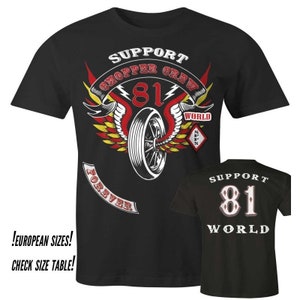May include: Black t-shirt with a red, yellow, and white graphic of a motorcycle wheel with wings and the text "Support Chopper Crew 81 World Forever". The back of the shirt has the text "Support 81 World" in white.