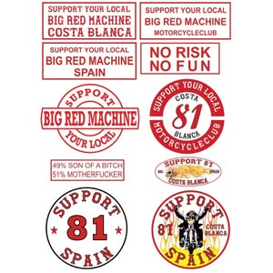 Op de afbeelding: Een verzameling van negen rode en zwarte motorclub-patches. De patches tonen de woorden "Support Your Local", "Big Red Machine", "Costa Blanca", "Motorcycle Club", "No Risk No Fun" en "Support 81". Sommige patches tonen ook een schedel en gekruiste beenderen, een motorfiets en vlammen.