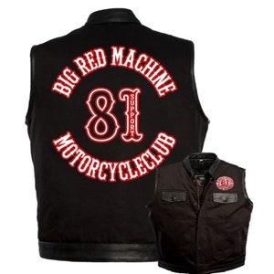 May include: Black leather motorcycle vest with a red and white embroidered patch that says "Big Red Machine 81 Support Motorcycle Club".