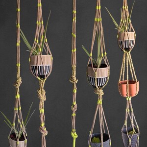 May include: Five hanging plant macrame holders with green and brown rope. Each holder has a different plant in a patterned pot.