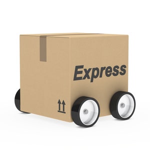 May include: A brown cardboard box with the word "Express" printed on the side. The box is on wheels and has an up arrow symbol on the side.