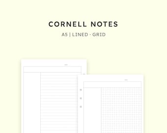 May include: Two blank Cornell note pages, one with lined paper and the other with a grid pattern. Both pages have a space for a title and date at the top. The pages are designed for A5 size notebooks.