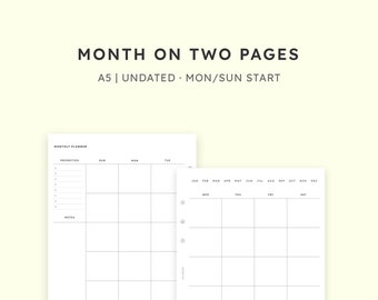 Undated Monthly Planner On Two Pages | Printable Monthly Inserts | PDF A5 Planner | Instant Download | Simple Layout | Vertical Planner