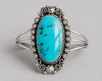 Signed Jennifer Cayaditto Navajo Sterling Silver Turquoise Bracelet | Handmade Native American Cuff | Large Natural Turquoise Statement Cuff