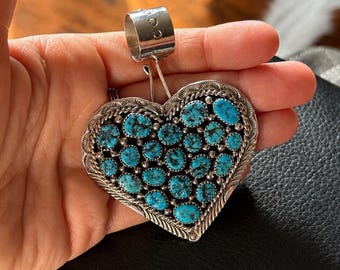 Navajo MJ Sterling Silver 19 Stone Turquoise Cluster Heart Pendant Large