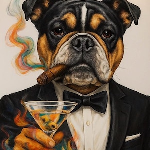 Bulldog Wall Art – Cigar & Martini Dog Print, Speakeasy Bar Decor, Colorful Tuxedo Bulldog Painting