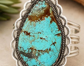 Danny Henio DH Navajo Sterling Silver Number 8 Turquoise Cuff | Large Native American Handmade Bracelet | 123.75g