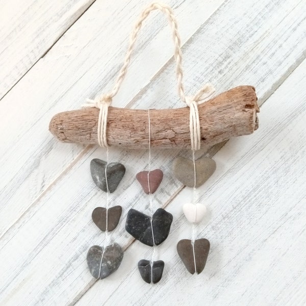 heart ornament , beach mobile , sea stone suncatcher , coastal wedding , eco friendly gift , nature art