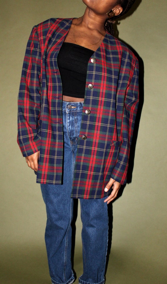 Red and Blue Plaid Oversized Blazer // Vintage Ov… - image 5