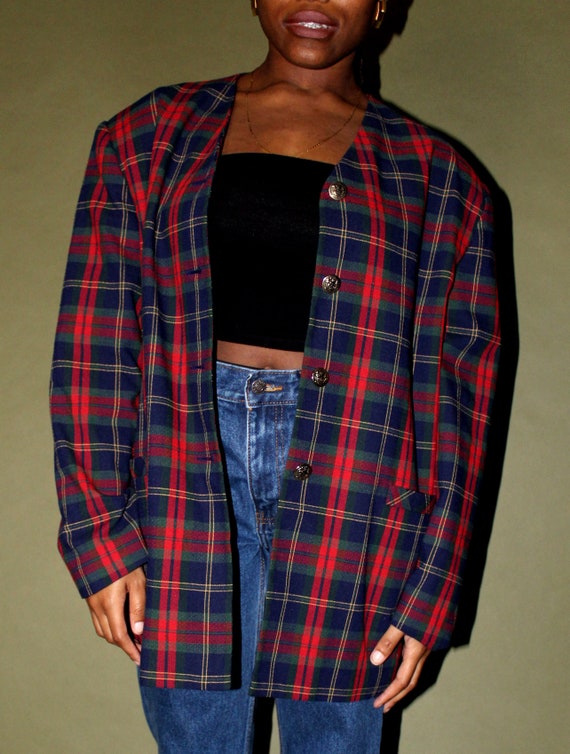 Red and Blue Plaid Oversized Blazer // Vintage Ov… - image 4