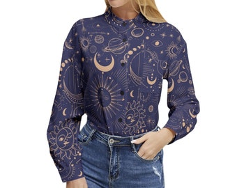 Celestial Space navy blue Long Sleeve Button Up Casual Shirt Top