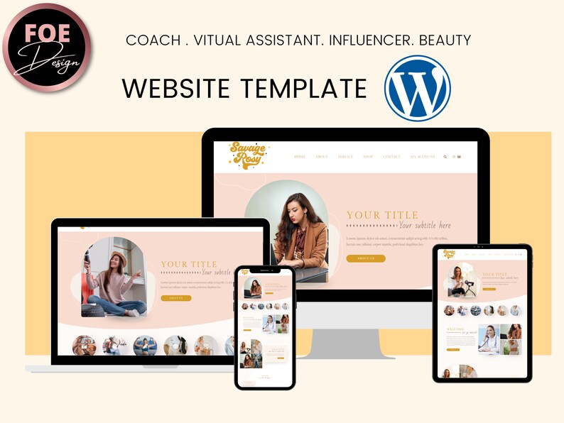 Puede incluir: Dise&ntilde;o de plantilla de sitio web para entrenadores, asistentes virtuales, influencers y profesionales de la belleza. La plantilla presenta una combinaci&oacute;n de colores rosa y dorado con un dise&ntilde;o moderno y minimalista. El sitio web se muestra en una computadora de escritorio, una computadora port&aacute;til, una tableta y un tel&eacute;fono m&oacute;vil.